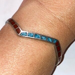 Vintage Crushed Turquoise and Coral Silver Bracelet